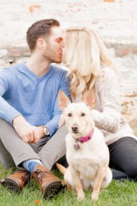 Cozy Autumn Engagement Session at Rockburn Branch Park in Elkridge, MD. A couple kisses in front of a brick building with their dog looking straight ahead