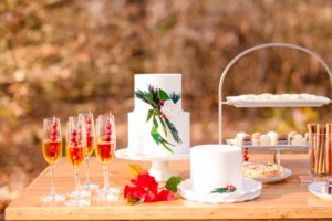 A dessert table with Christmas themed Cakes, cinnamon sticks, smaller holiday cakes, and drinks with cranberries and poinsettias stand on the grounds of Liriodendron Mansion in Bel Air Maryland for a winter wedding