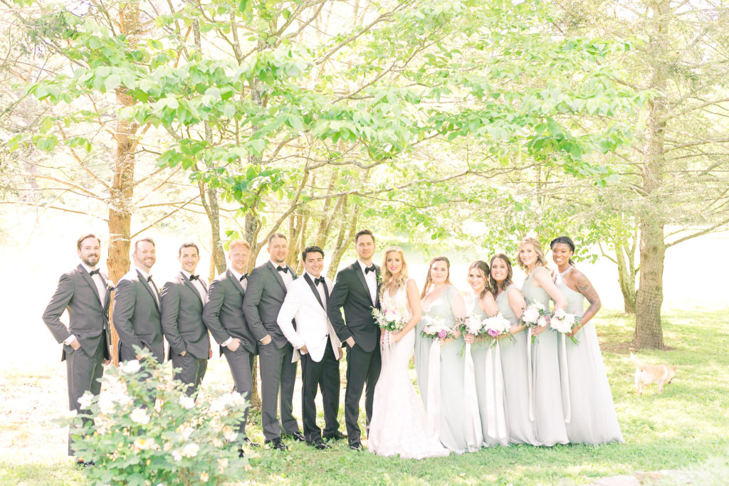 Bridal Party stands in the butterfly garden in their mint green dresses and grey tuxedos at a summer garden wedding Airlie in Warrenton Virginia