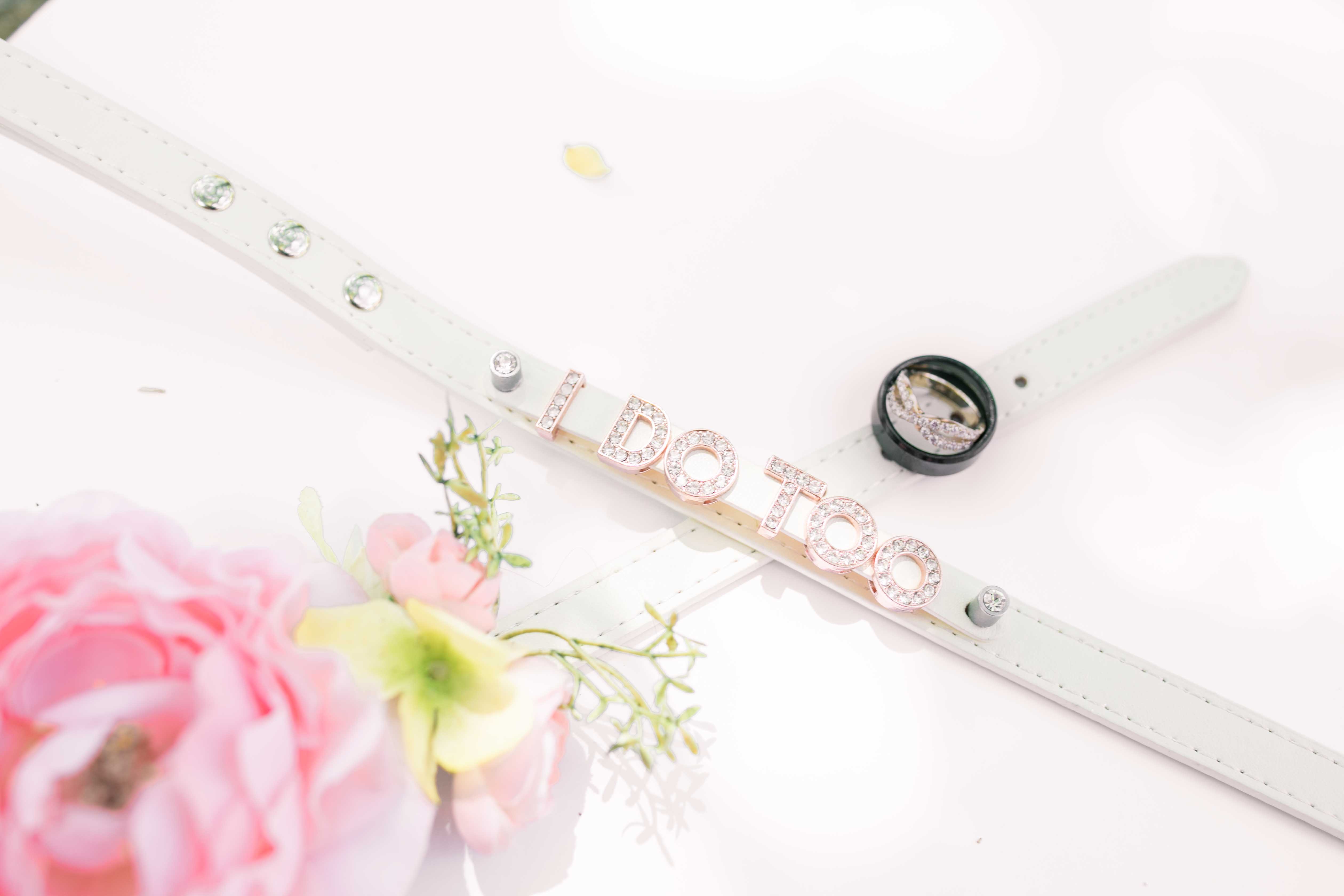Bridal Details and Personalized Floral Dog Collar with Wedding rings in a summer garden wedding in Airlie Virginia