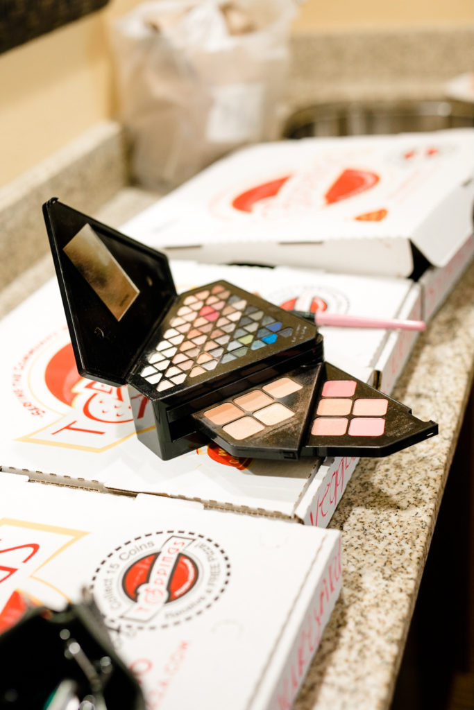 Makeup and pizza in a summer Frederick Maryland Wedding