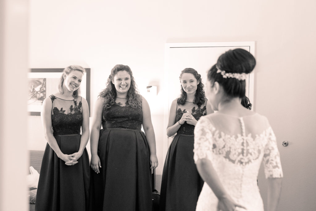 First look with bridesmaids in a summer Frederick Maryland Wedding