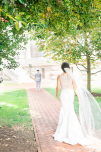 US Naval Wedding in Annapolis Maryland in August for a 1920's themed wedding. First look outside of Dahlgreen Hall