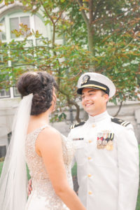 US Naval Wedding in Annapolis Maryland in August for a 1920's themed wedding. First look outside of Dahlgreen Hall