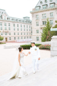 US Naval Wedding in Annapolis Maryland in August for a 1920's themed wedding. Romantic portraits