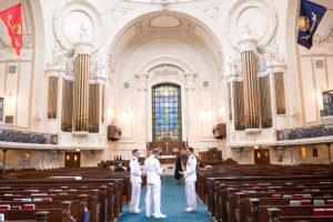 US Naval Wedding in Annapolis Maryland in August for a 1920's themed wedding. Ceremony Details in USNA Chapel
