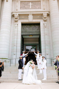 US Naval Wedding in Annapolis Maryland in August for a 1920's themed wedding. Sword Arch Ceremony in USNA Chapel