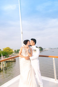 Yacht Wedding in Annapolis Maryland in August for a 1920's themed wedding. Romantic Portrait
