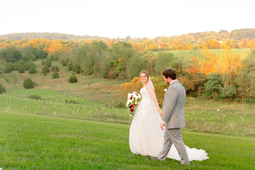 A bride and groom walk across the Dulaney's Overlook with Maryland Wedding photographer